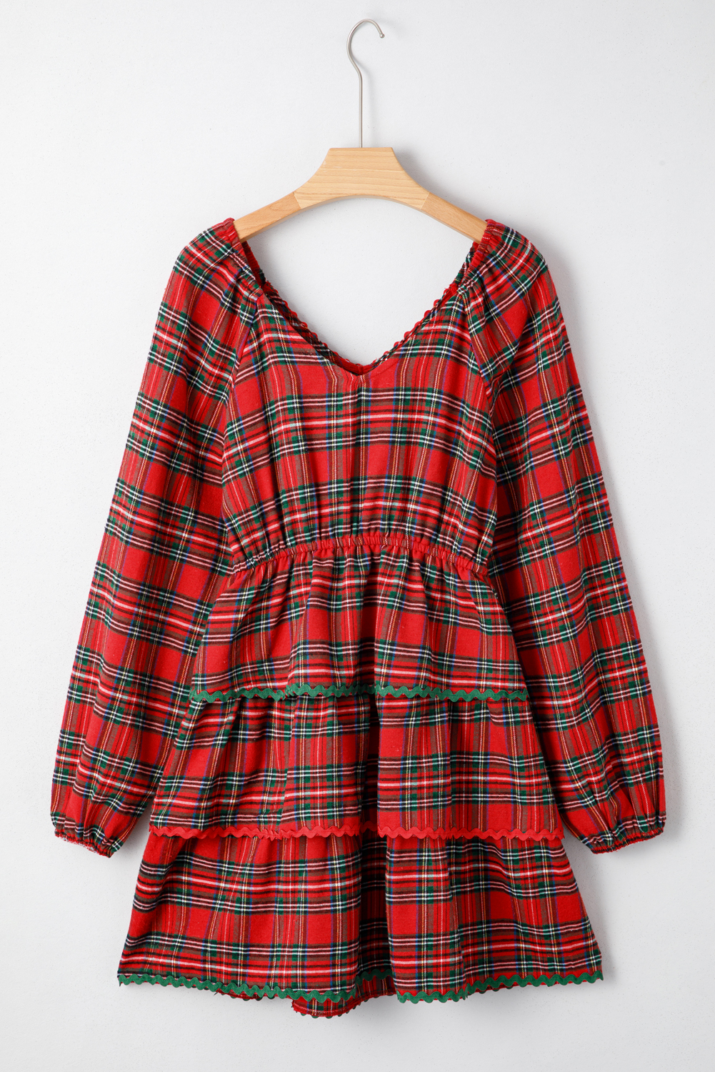 Red Plaid Print Ricrac Tiered Bubble Sleeve Mini Dress - loveforevers