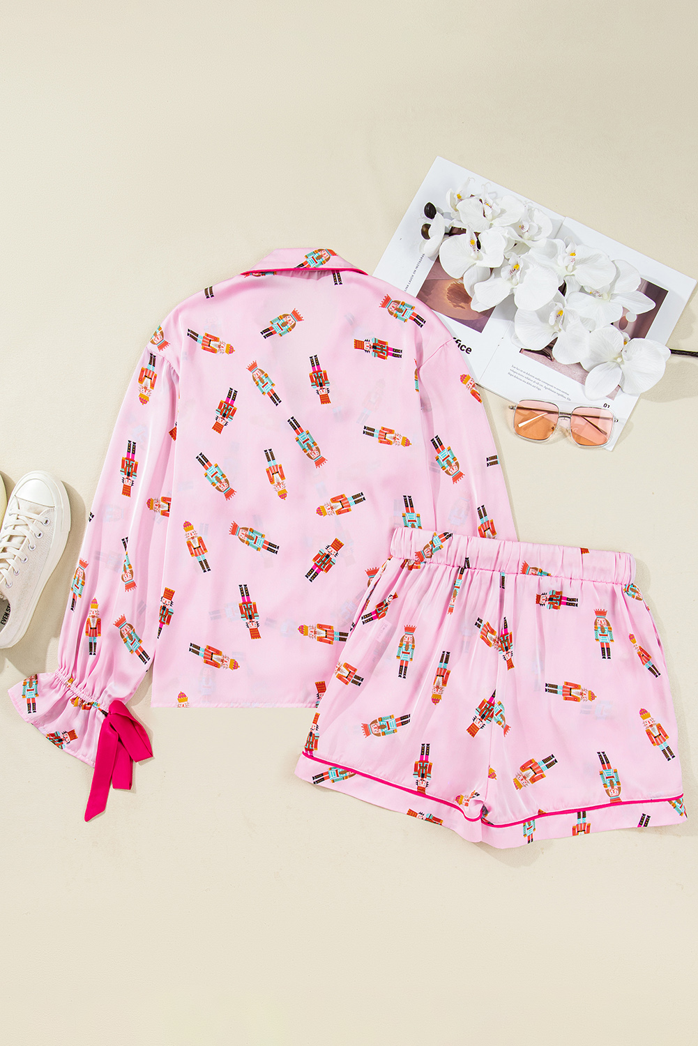 Pink Nutcracker Print Contrast Trim Tied up Bow Silky 2pcs Pajama Set - loveforevers