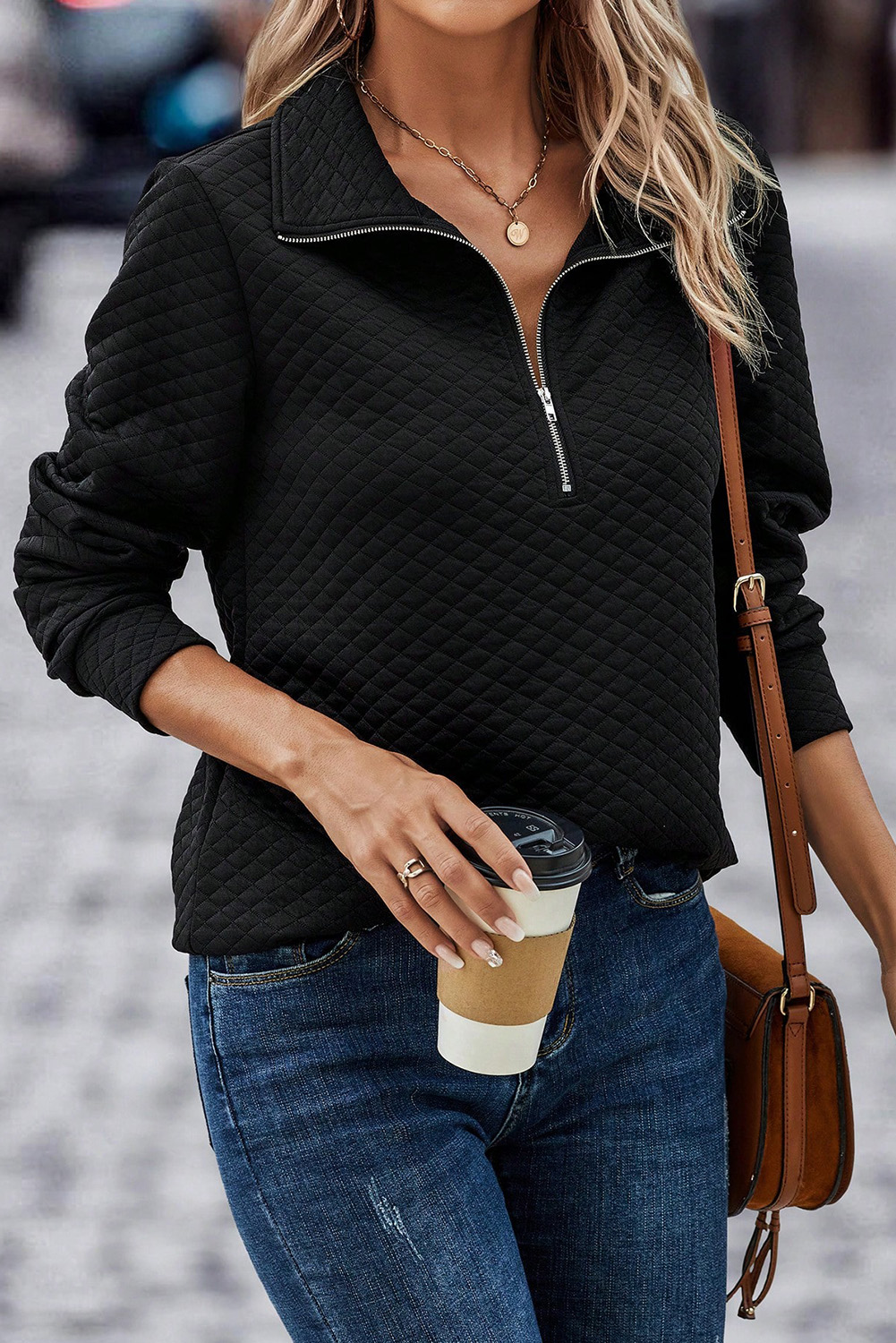 Black Solid Half Zipper Quilted Pullover Sweatshirt - loveforevers