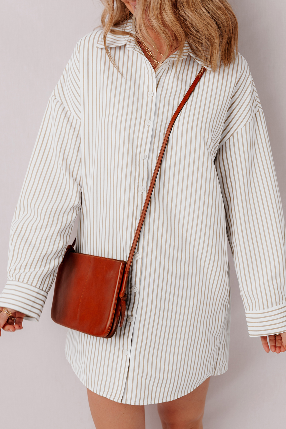 Khaki Stripe Long Sleeve Button Up Mini Shirt Dress - loveforevers