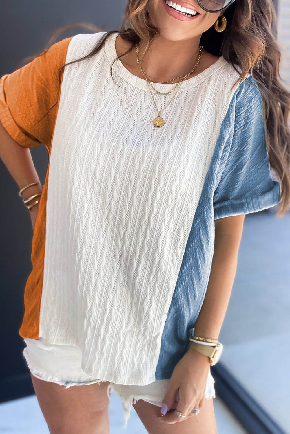 Light Blue Textured Color Block Loose Fit T Shirt - loveforevers