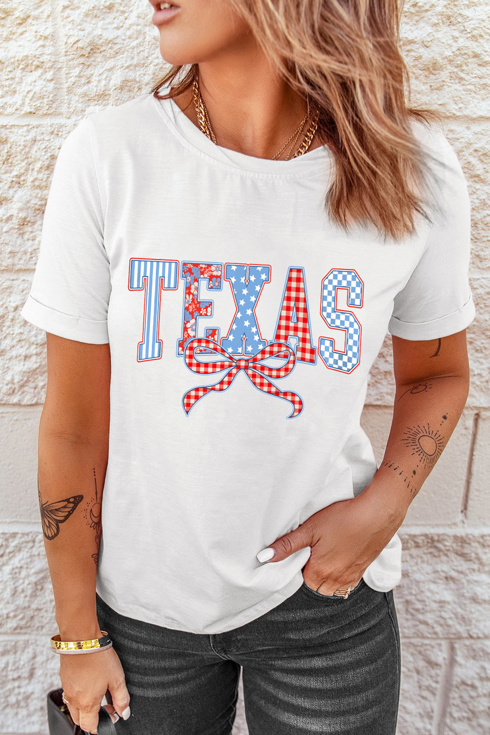 White Independence Day TEXAS Bow Printed T Shirt - loveforevers