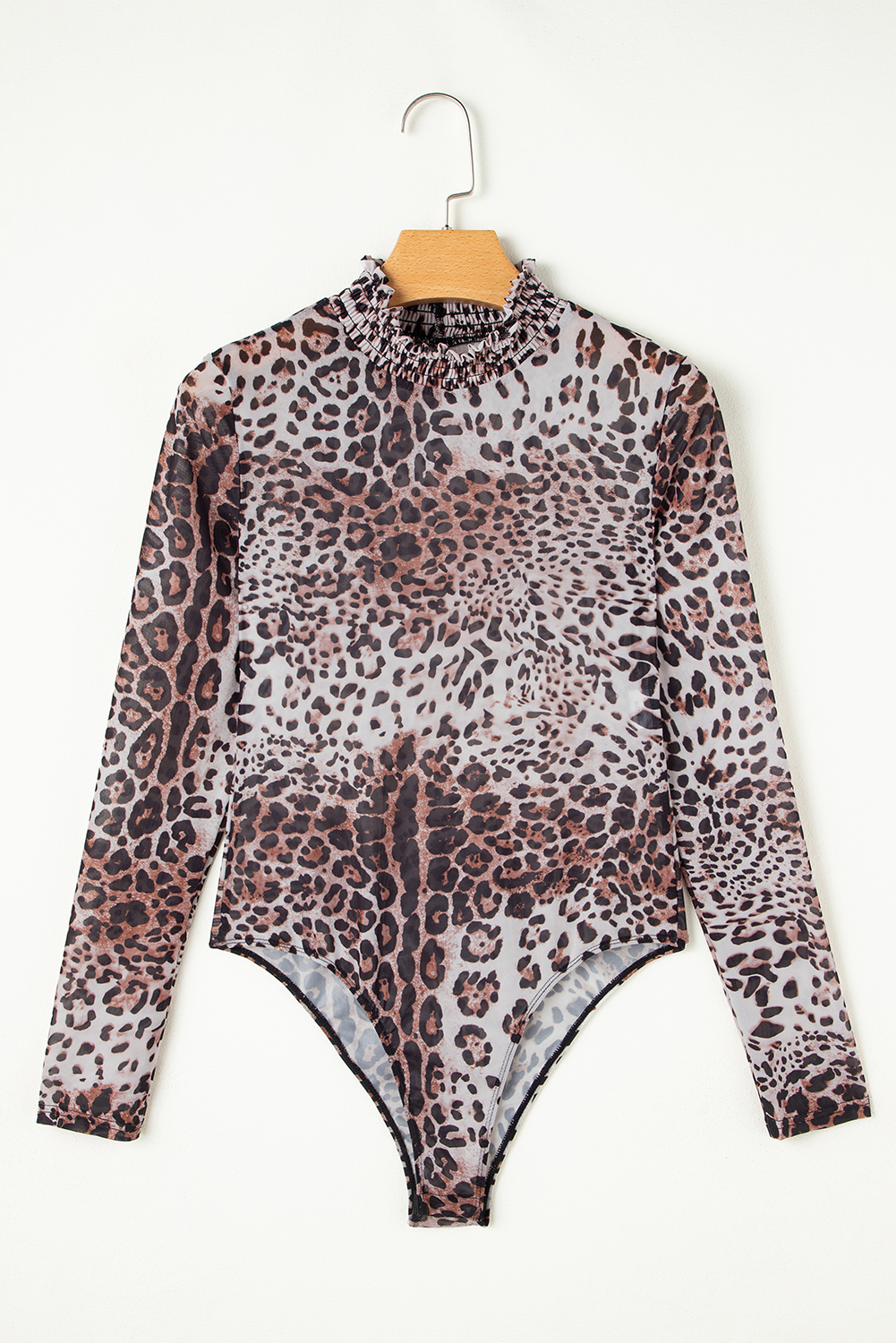 Brown Leopard Smocked Neck Mesh Long Sleeve Bodysuit - loveforevers