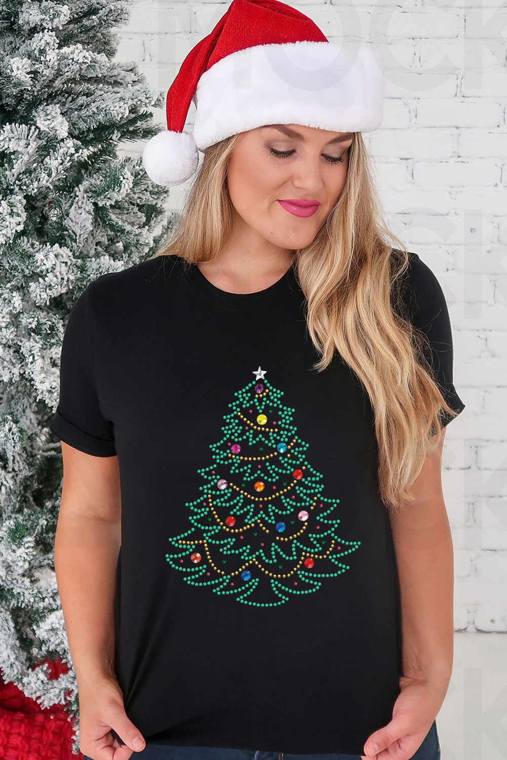 Black Rhinestone Christmas Tree Round Neck Graphic Tee - loveforevers