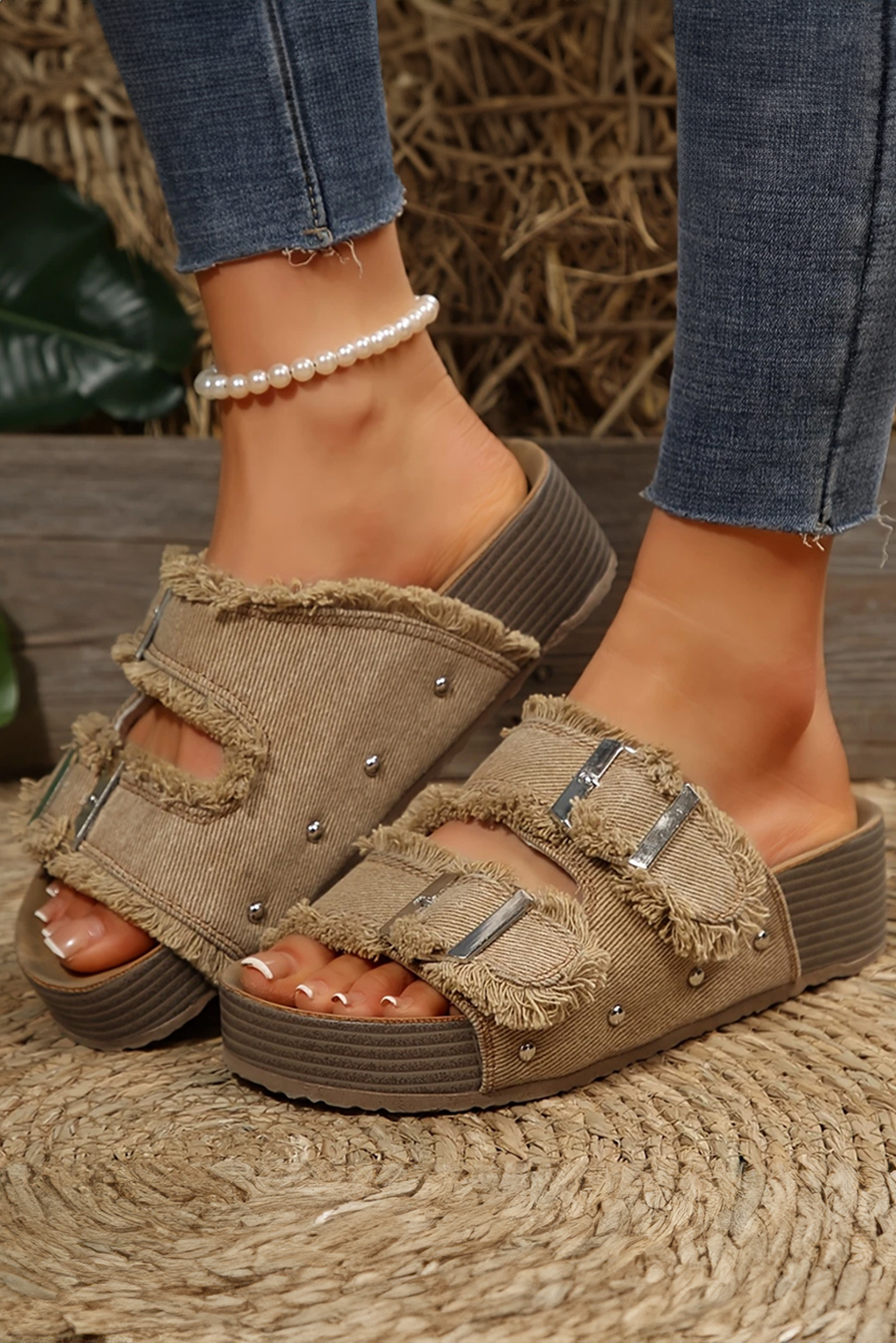 Pale Khaki Double Buckle Straps Hollow Out Frayed Detial Retro Slippers - loveforevers