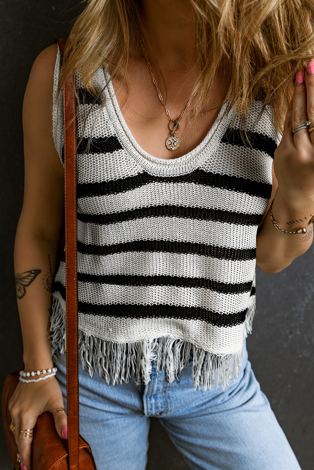 Beige Stripe Loose Knit Fringe Tank Top - loveforevers