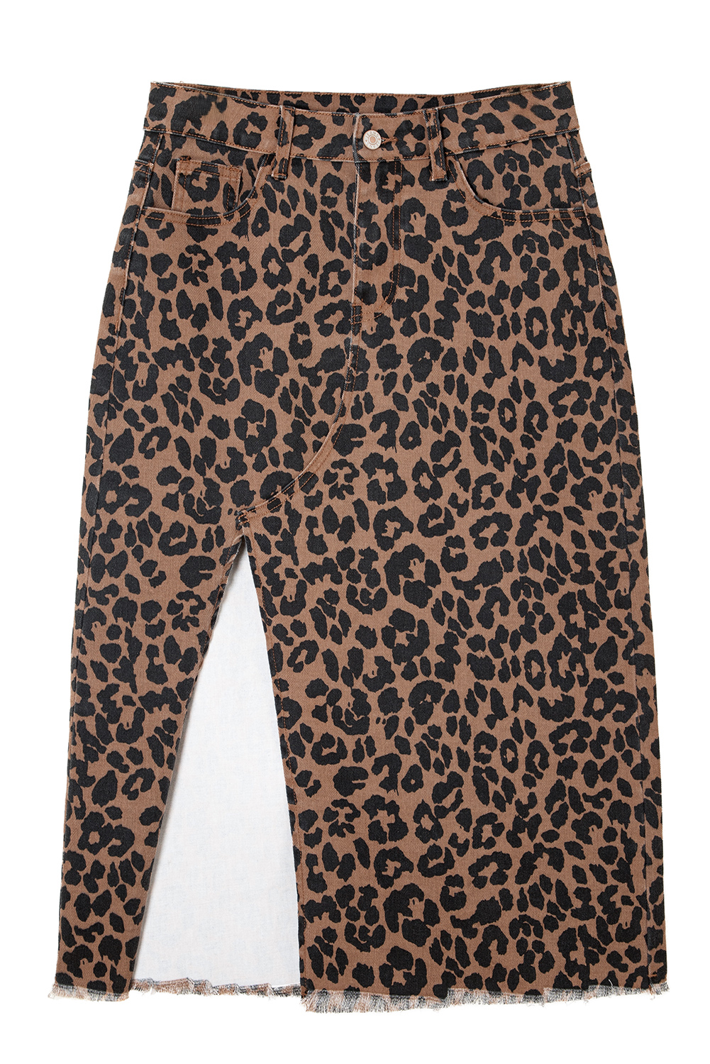 Brown Leopard Denim Frayed Split Denim Midi Skirt - loveforevers