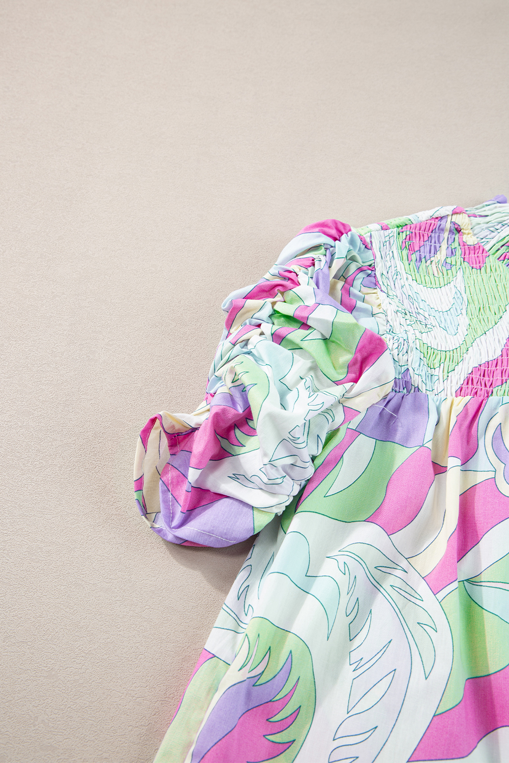 Green Abstract Print Bubble Sleeve Smock Detail Blouse - loveforevers