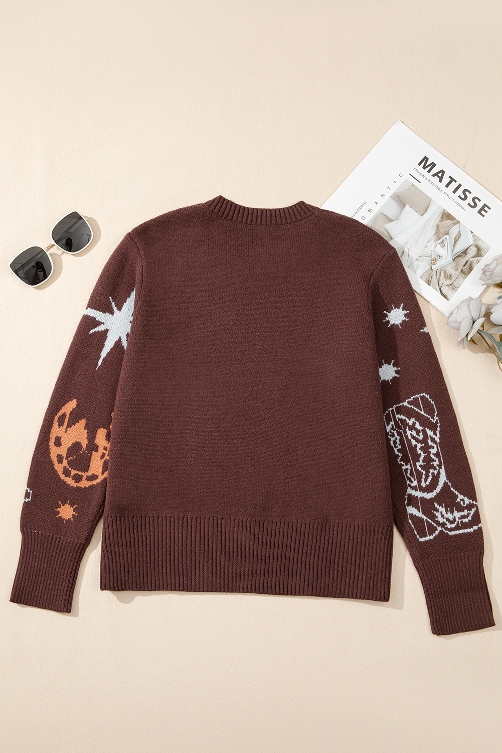 Brown Cowgirl Fashion Print Casual Sweater - loveforevers