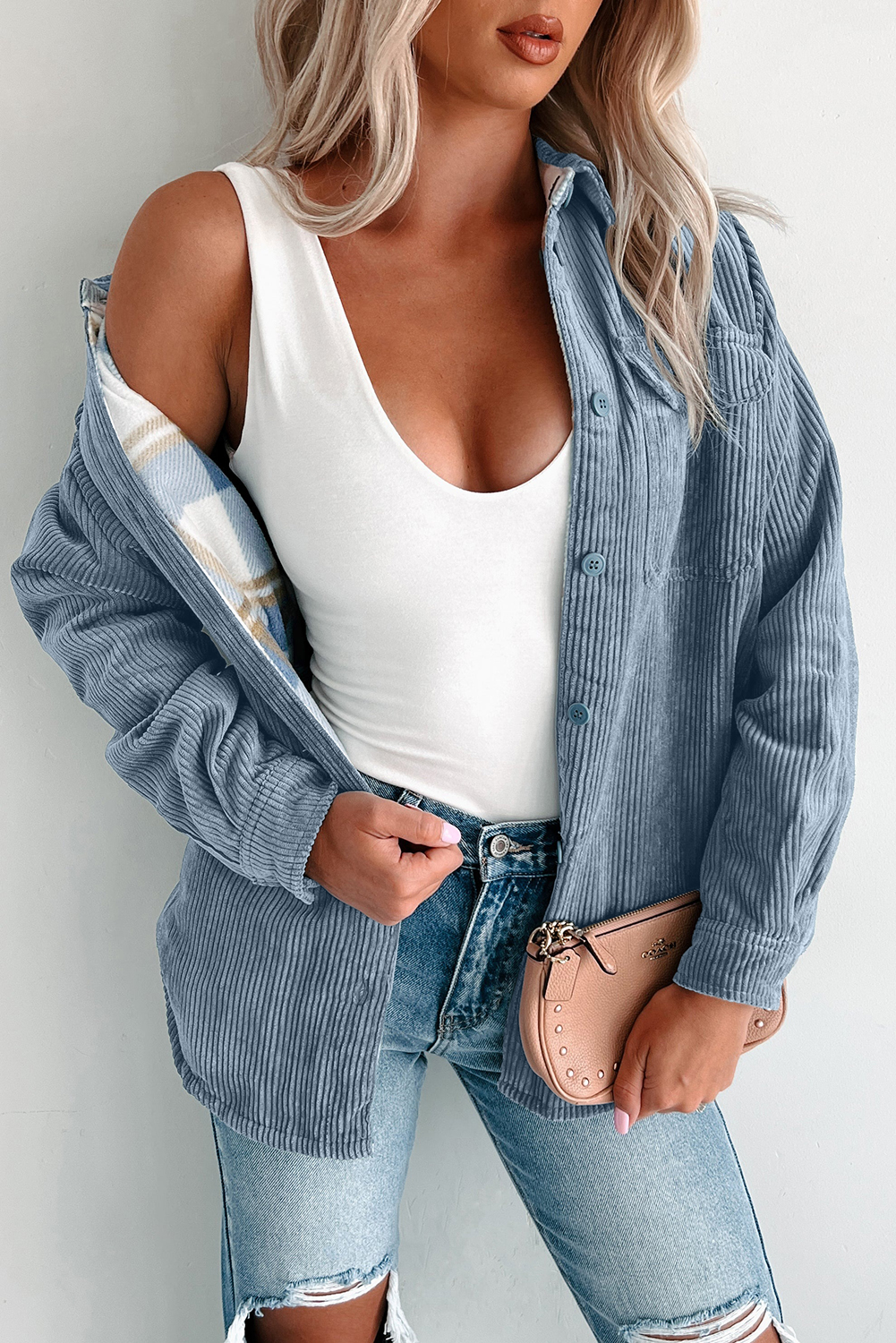 Stone Blue Plaid Corduroy Reversible Button Up Shacket - loveforevers