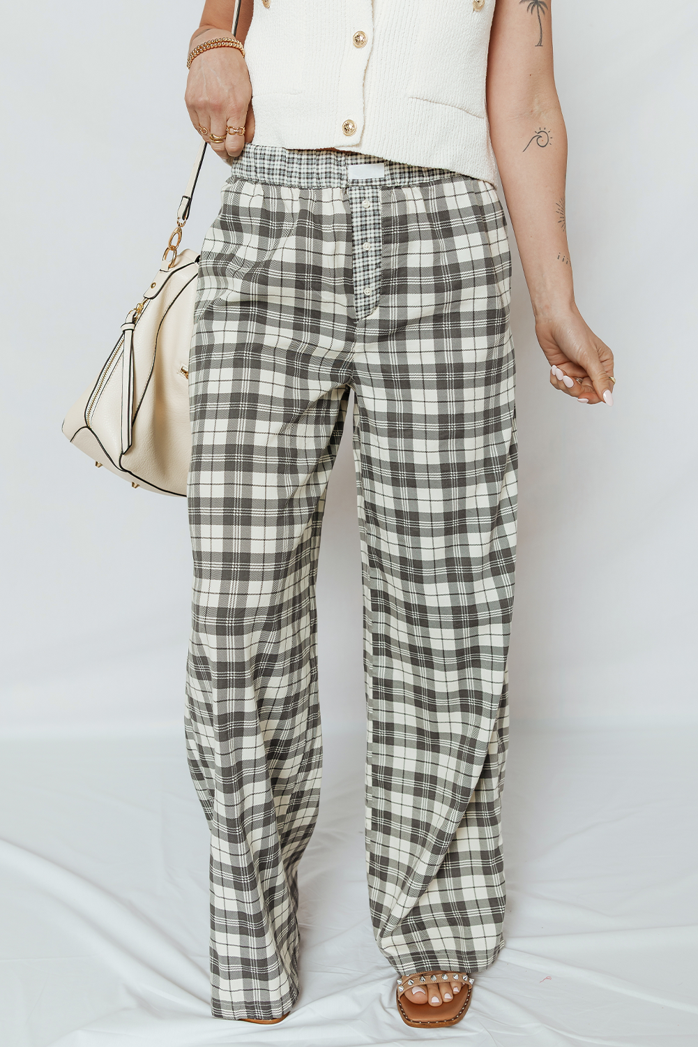 Gray Plaid Wide Leg Casual Pants - loveforevers