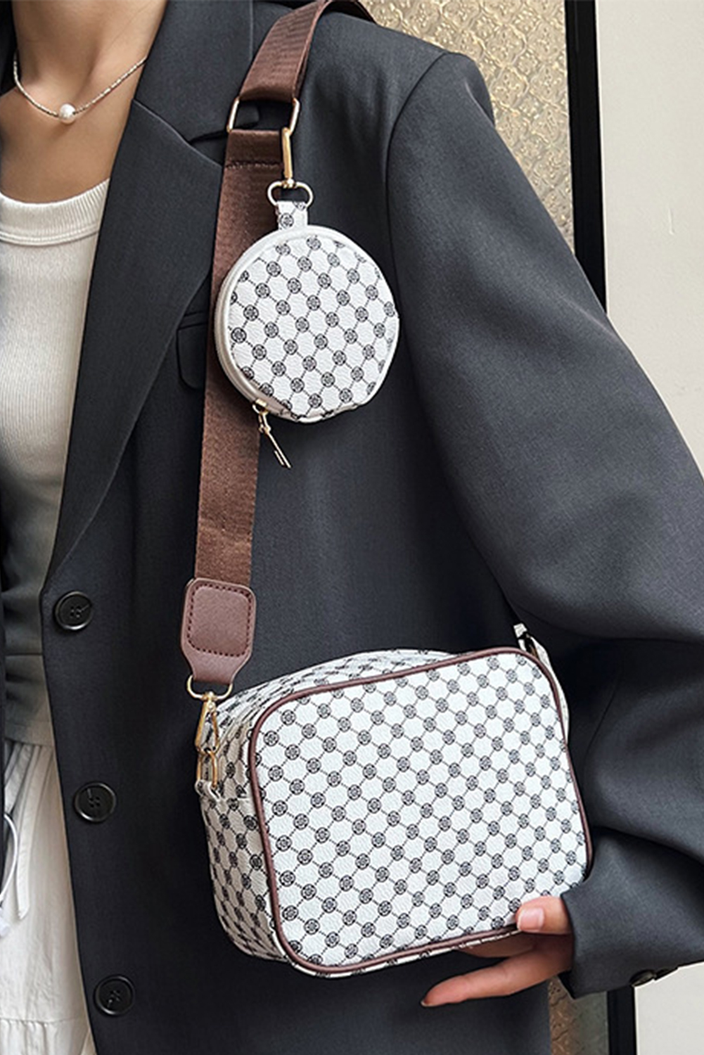 Coffee Checkered Print PU Leather Shoulder Bag with Coin Wallet - loveforevers
