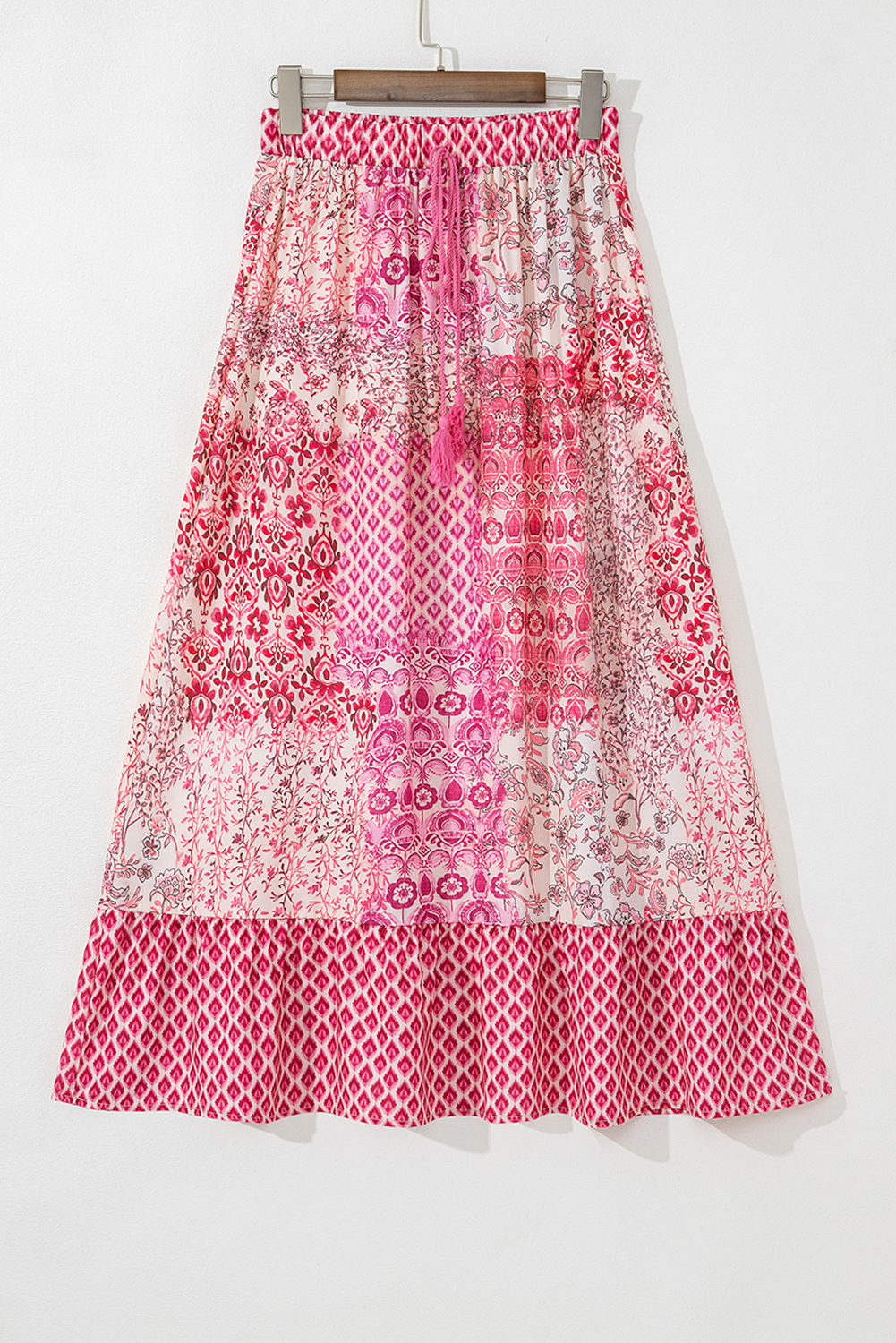 Red Boho Pattern Print Tassel Drawstring Elastic Waistband Maxi Skirt - loveforevers