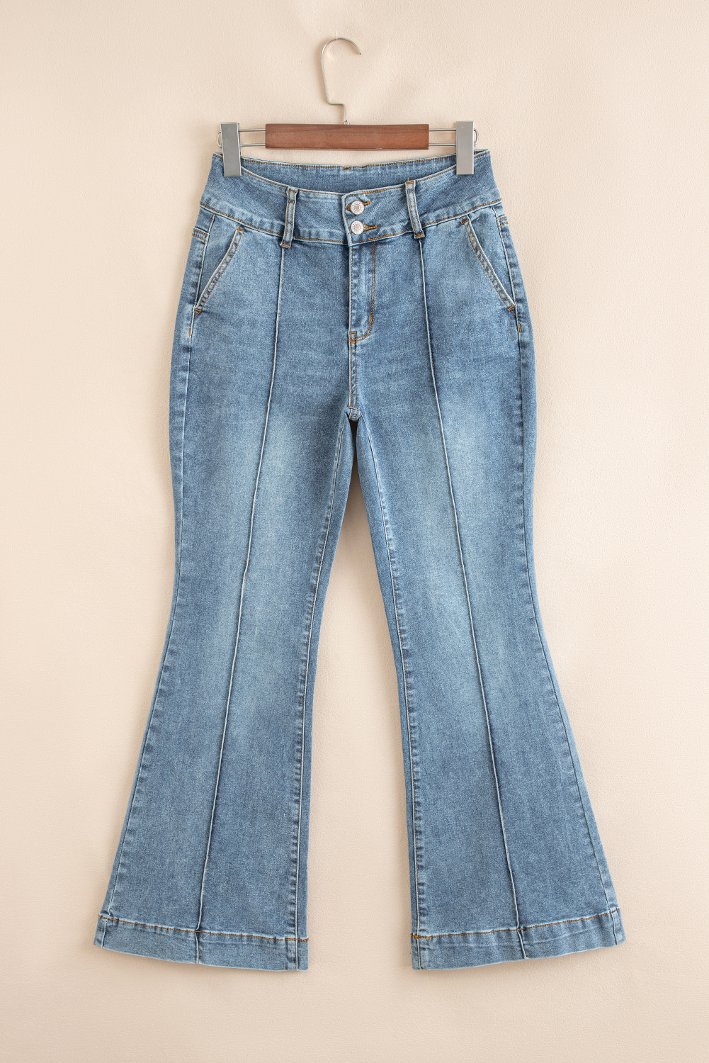 Dusk Blue 2 Button High Waist Piping Trim Bootcut Jeans - loveforevers