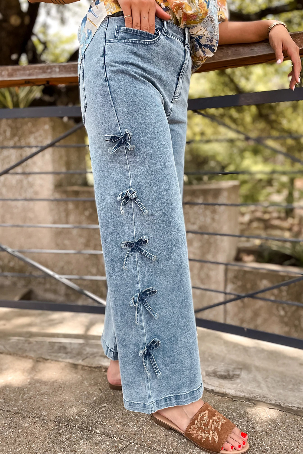 White Bow Knot Side Detail Straight Leg Loose Jeans - loveforevers