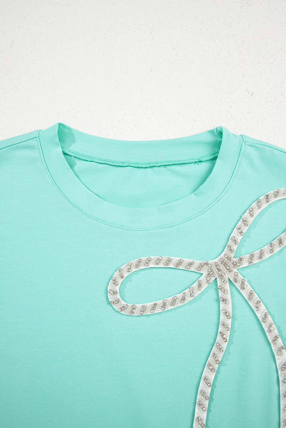 White Rhinestone Bow Embellished Round Neck Tee - loveforevers