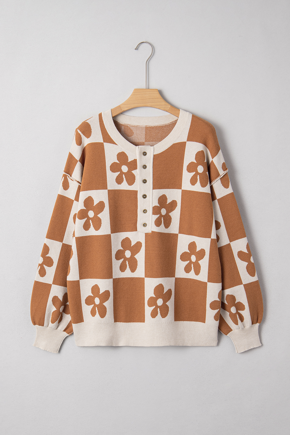 Black Flower Plaid Henley Baggy Sweater - loveforevers