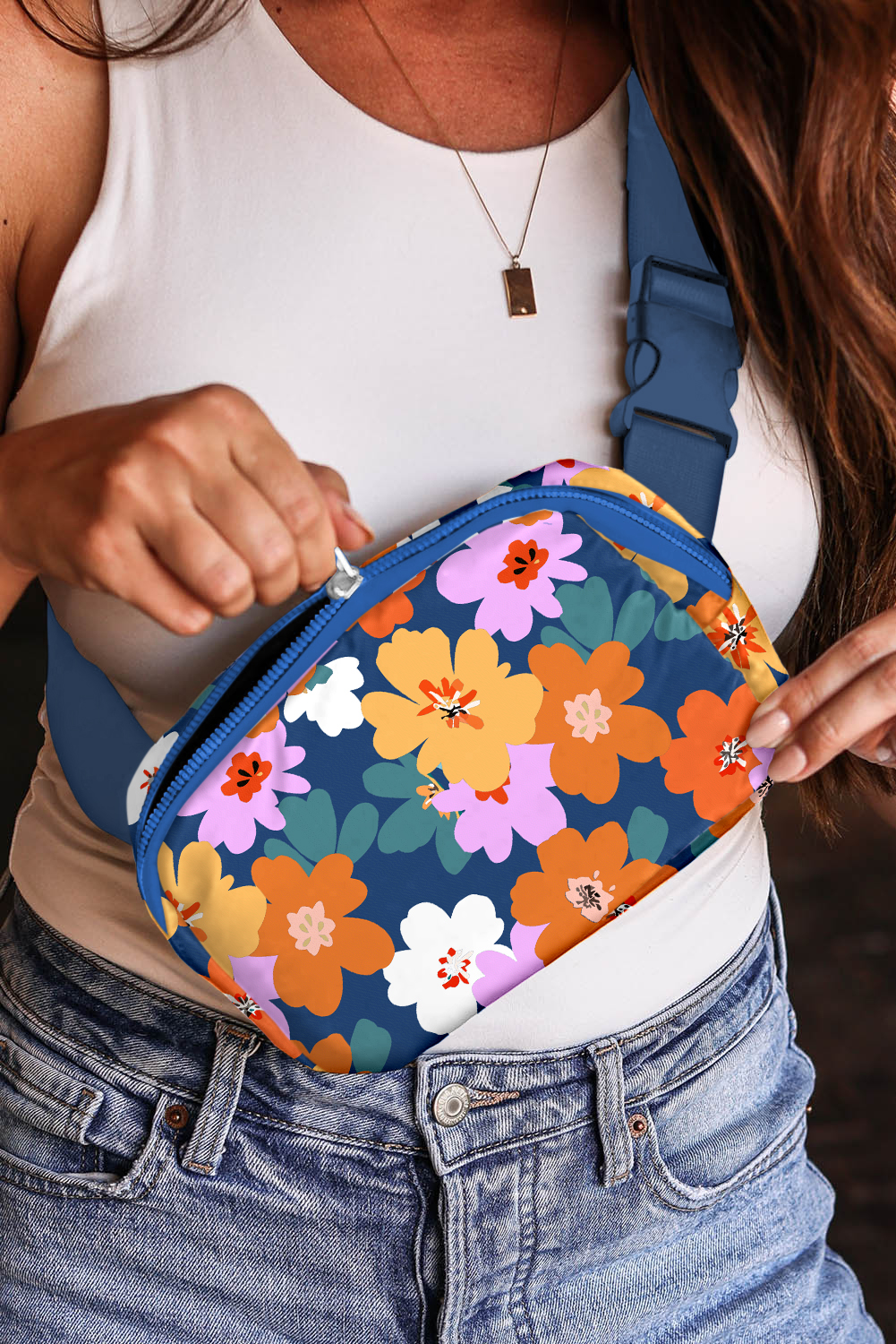 Sail Blue Flower Print Zipper Buckle Wide Strap Sling Bag - loveforevers