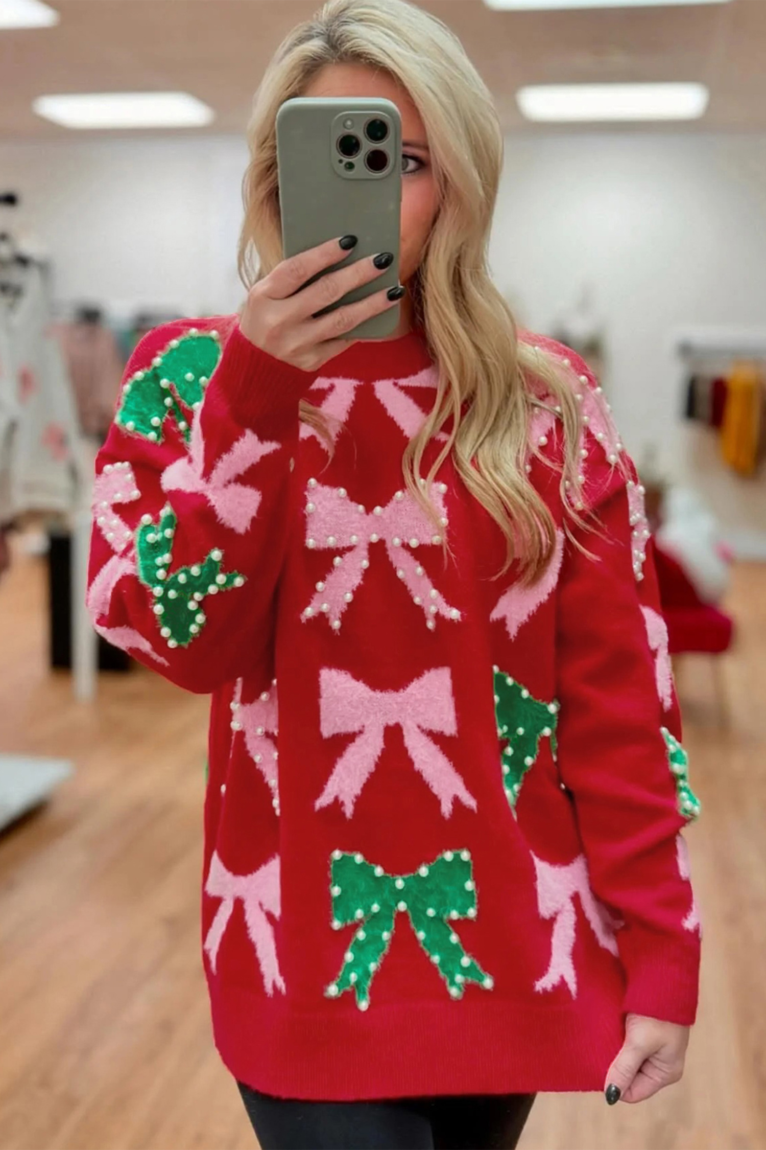 Fiery Red Bow Pearl Embellished Christmas Holiday Sweater - loveforevers