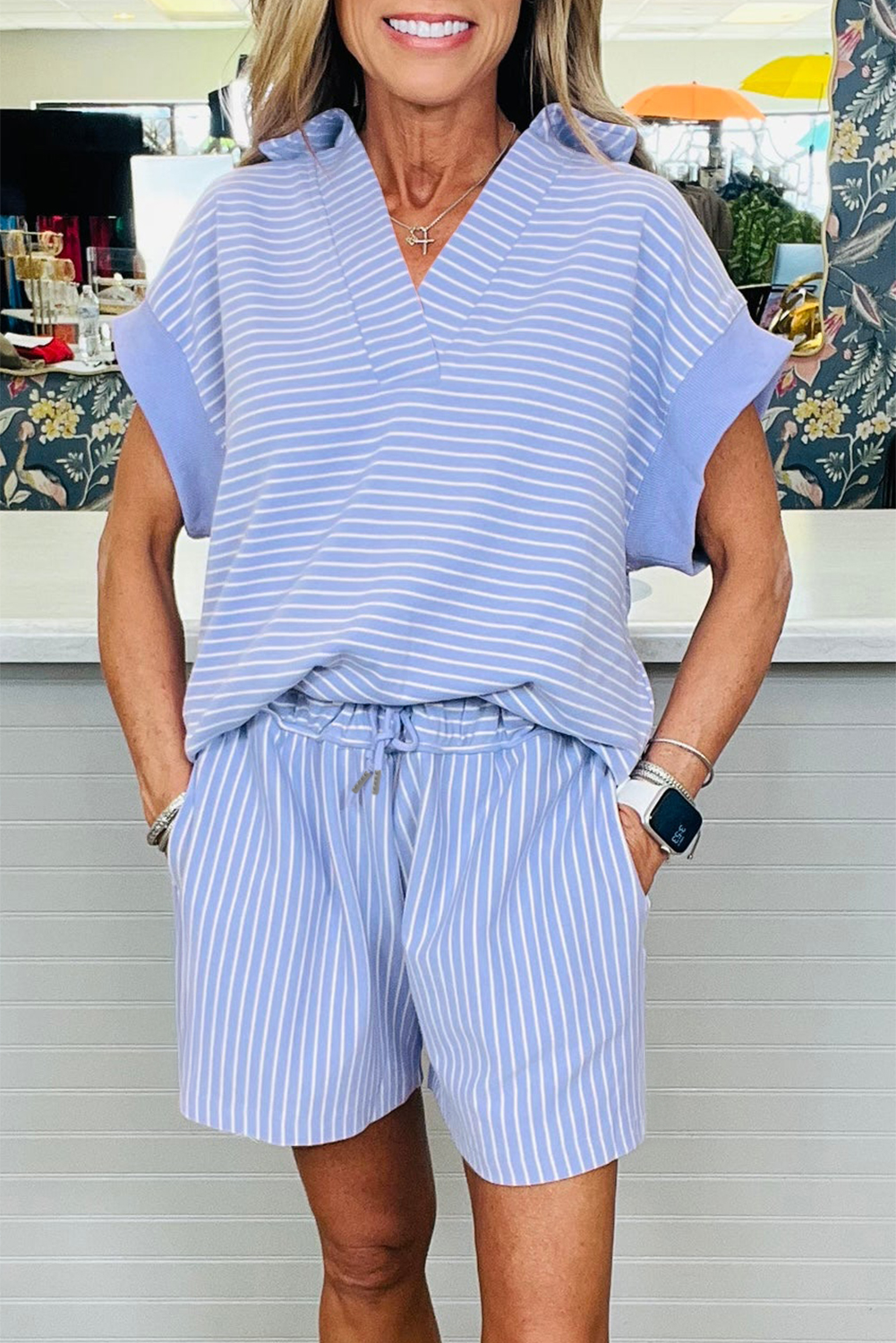 Sky Blue Stripe Dolman Sleeve Polo Shirt and Drawstring Shorts Set - loveforevers