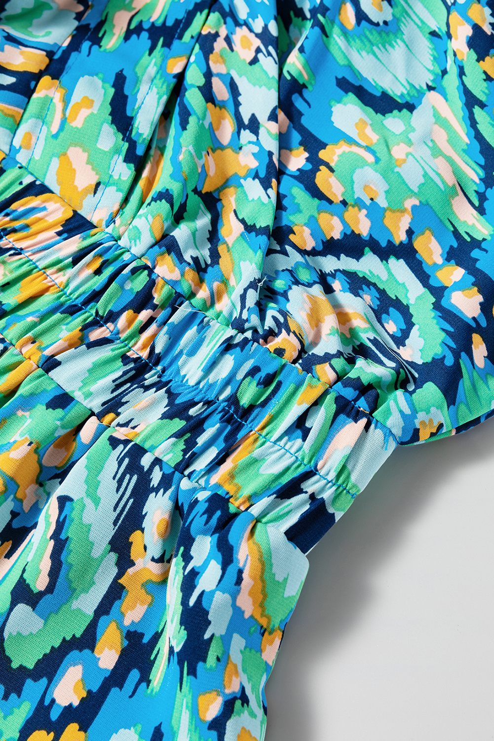 Green Abstract Print Puff Sleeve V Neck High Waist Romper - loveforevers