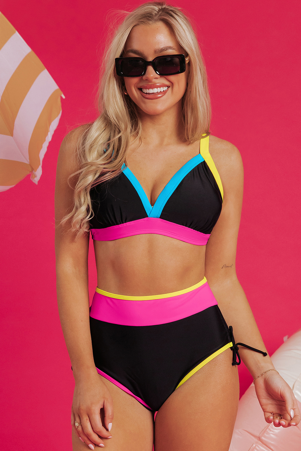 Black Color Block Drawstring Side V Neck High Waist Bikini Set - loveforevers