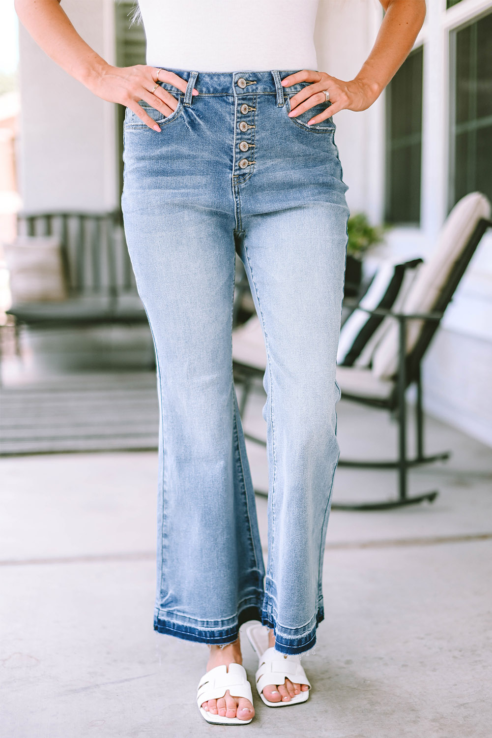 Sky Blue High Waist Buttoned Distressed Flared Jeans - loveforevers