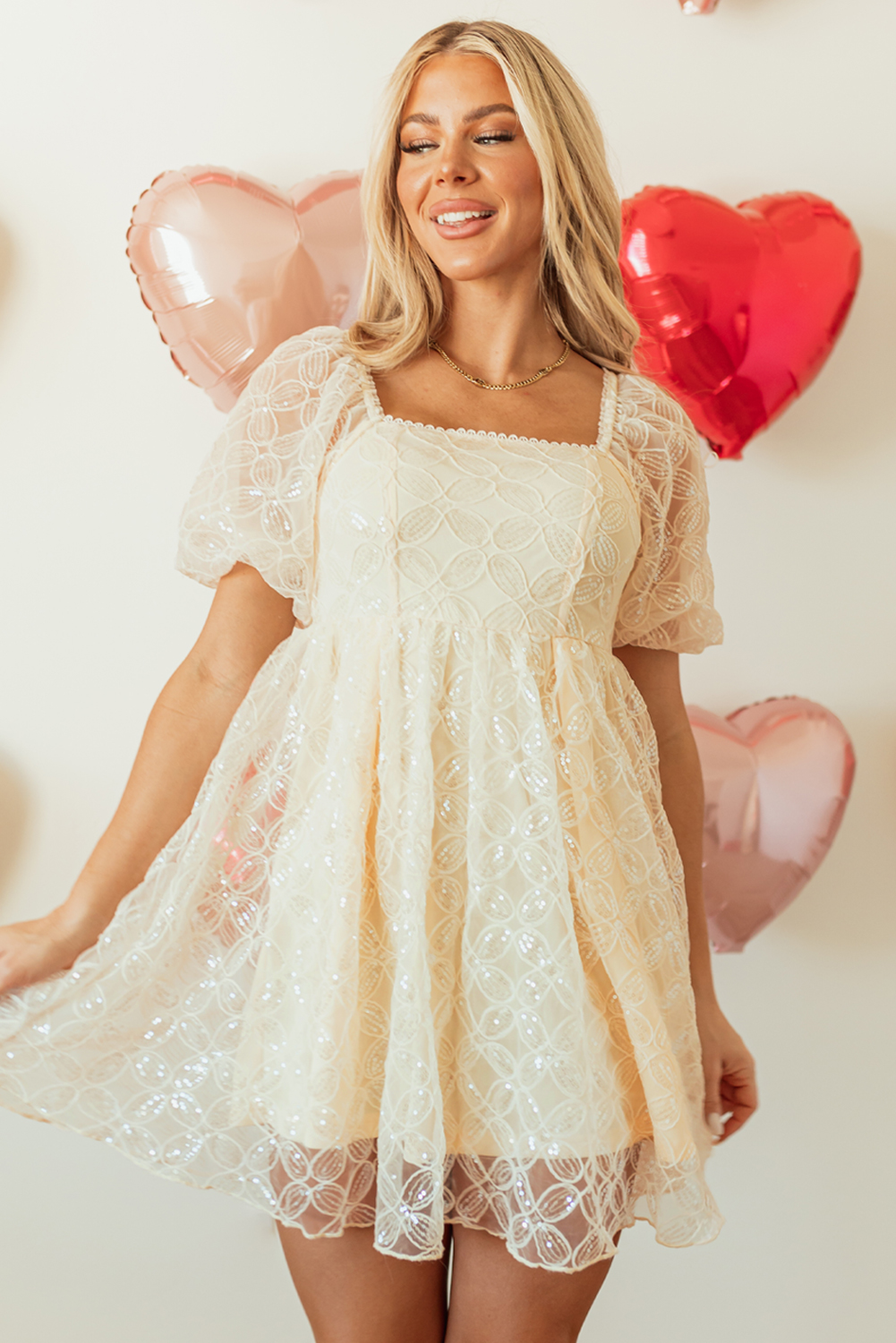 Apricot Sequined Lace Mesh Bubble Sleeve Square Neck Dress - loveforevers