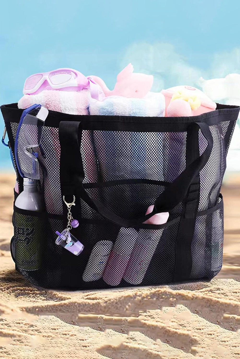 Black Multi-pocket Large Mesh Tote Bag - loveforevers
