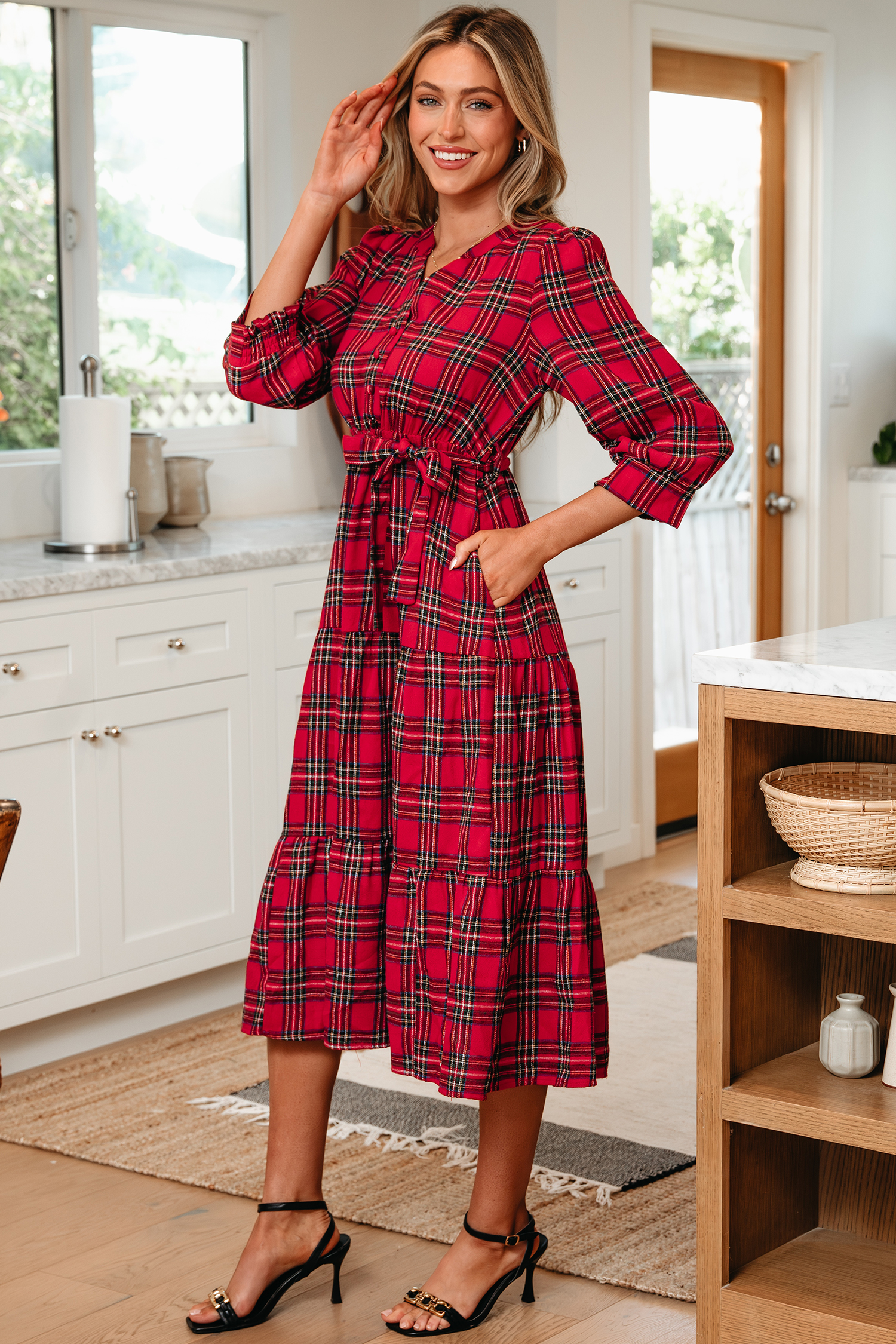 Red Christmas Plaid V Neck 3/4 Sleeve Tie Waist Ruffle Hem Long Dress - loveforevers