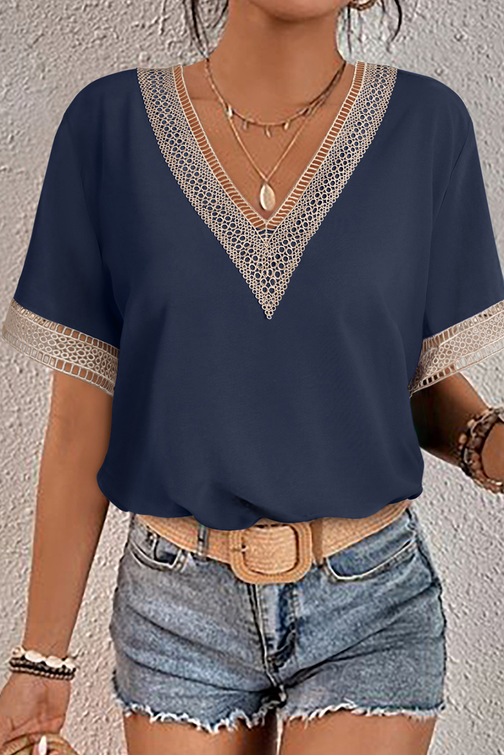 Blue Lace Trim V Neck Short Sleeve Blouse - loveforevers