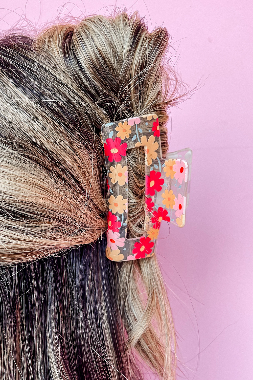 Red Floral Print Clear Plastic Square Hair Claw Clip - loveforevers