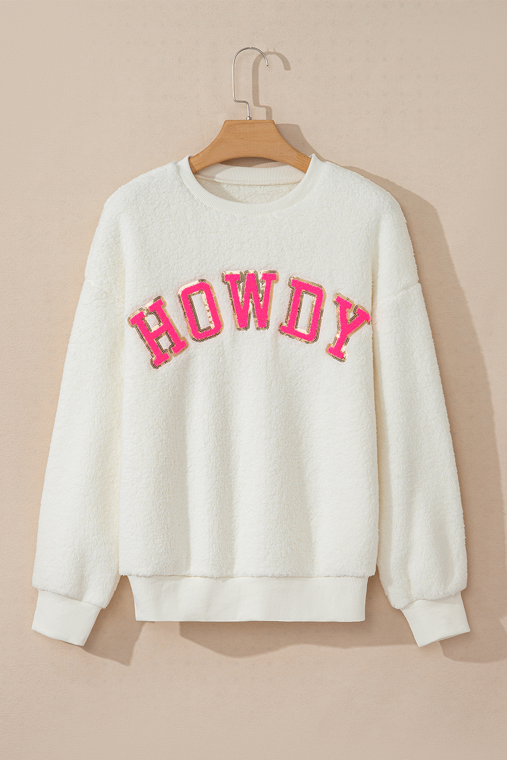 Beige Sherpa HOWDY Patched Pullover Sweatshirt - loveforevers