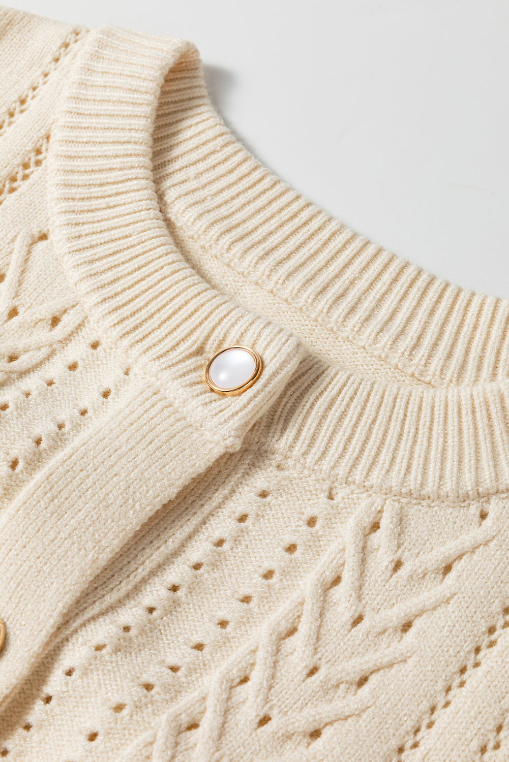 Apricot Pleated Sleeve Hollow Detail Button Sweater Cardigan - loveforevers