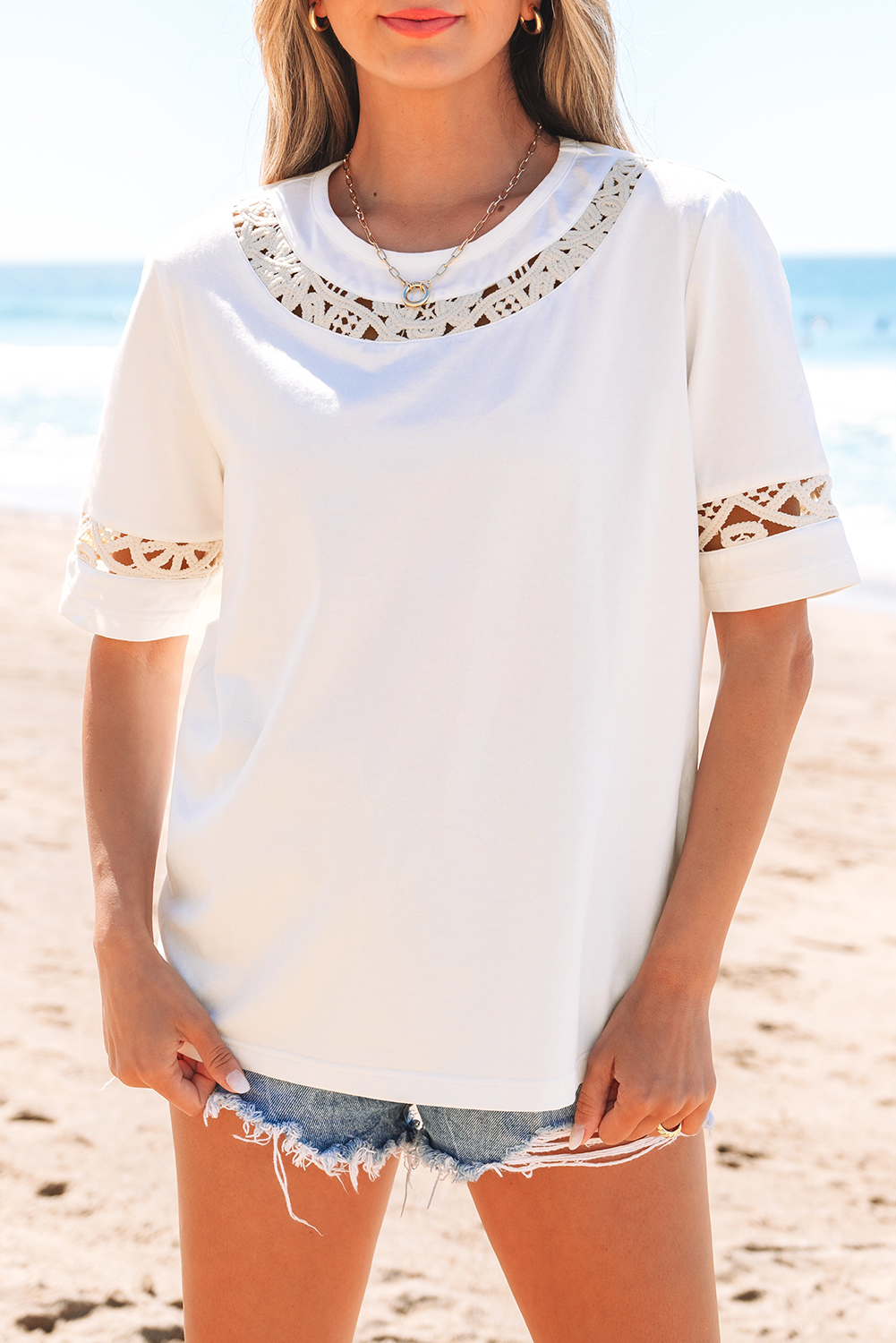 White Lace Crochet Crew Neck Casual T Shirt - loveforevers