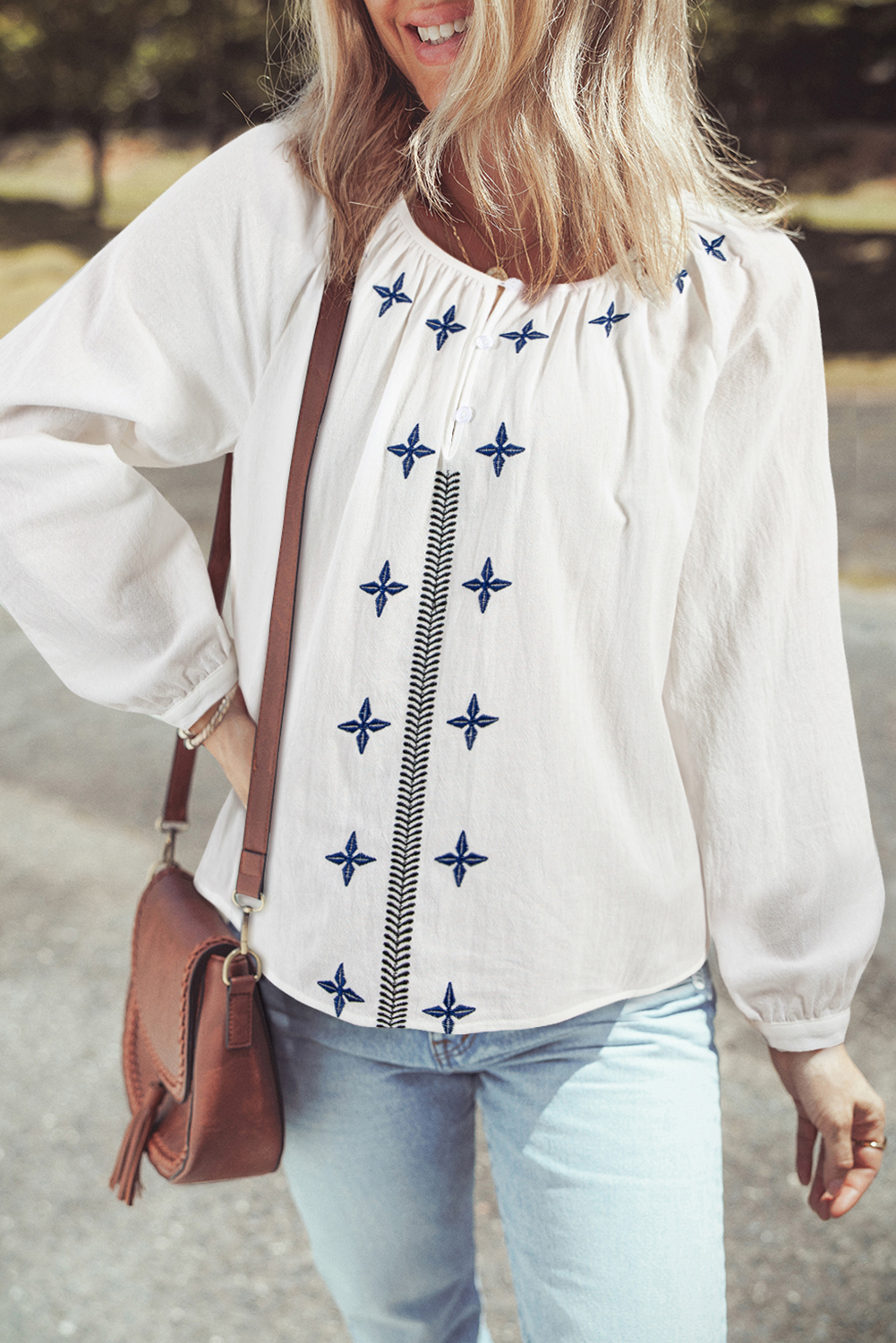 White Geometric Embroidered Long Sleeve Buttoned Blouse - loveforevers