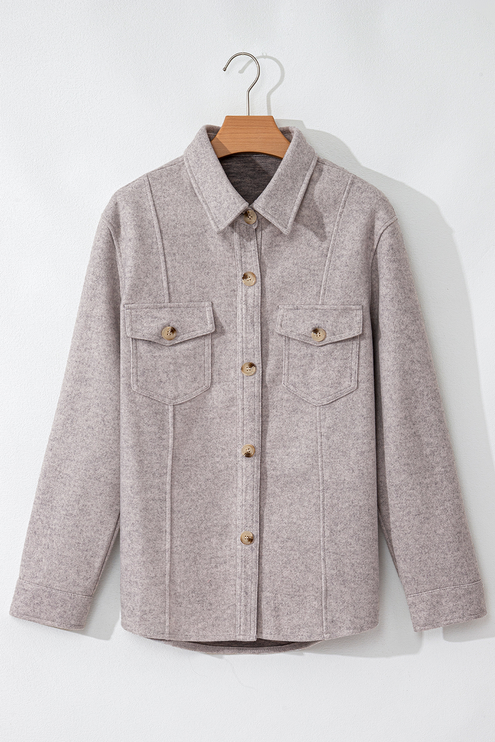 Light Grey Turn Down Collar Flap Pockets Buttoned Shacket - loveforevers