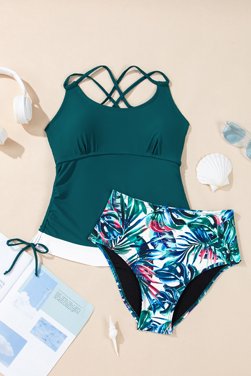 Sea Green Drawstring Tummy Control Mix-and-match 2pcs Tankini Swimsuit - loveforevers