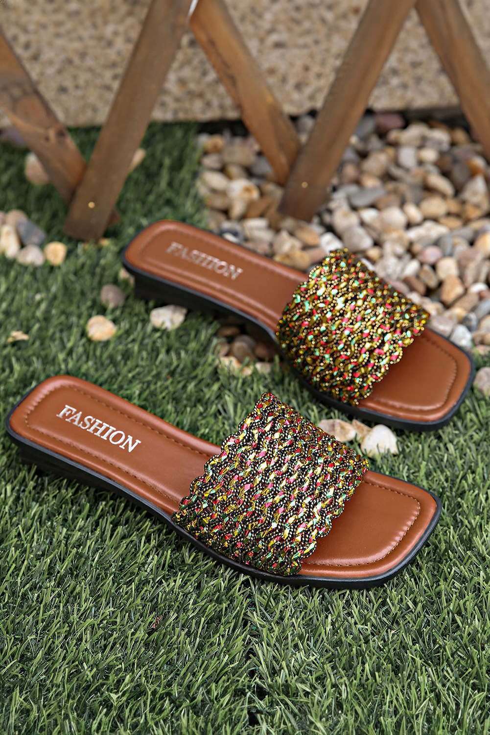 Red Dahlia Glitter Braided Square Toe PU Leather Slippers - loveforevers