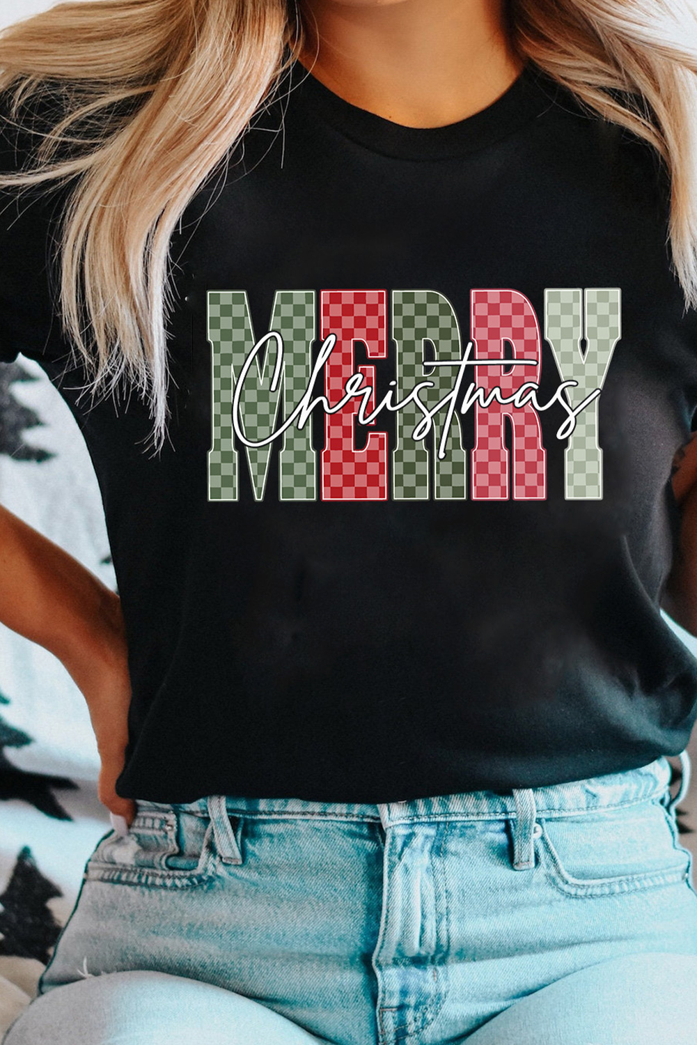 Black Plaid Checkered MERRY Christmas Graphic Crew Neck Tee - loveforevers