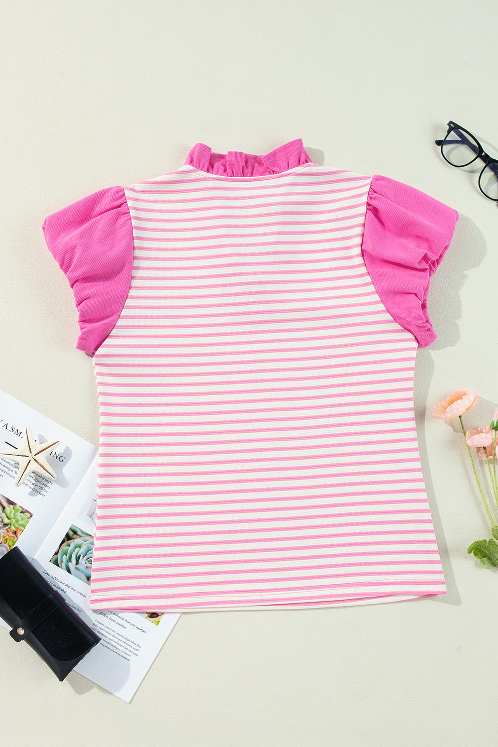 Pink Stripe Ruffled V Neck Cap Puff Sleeve Top - loveforevers