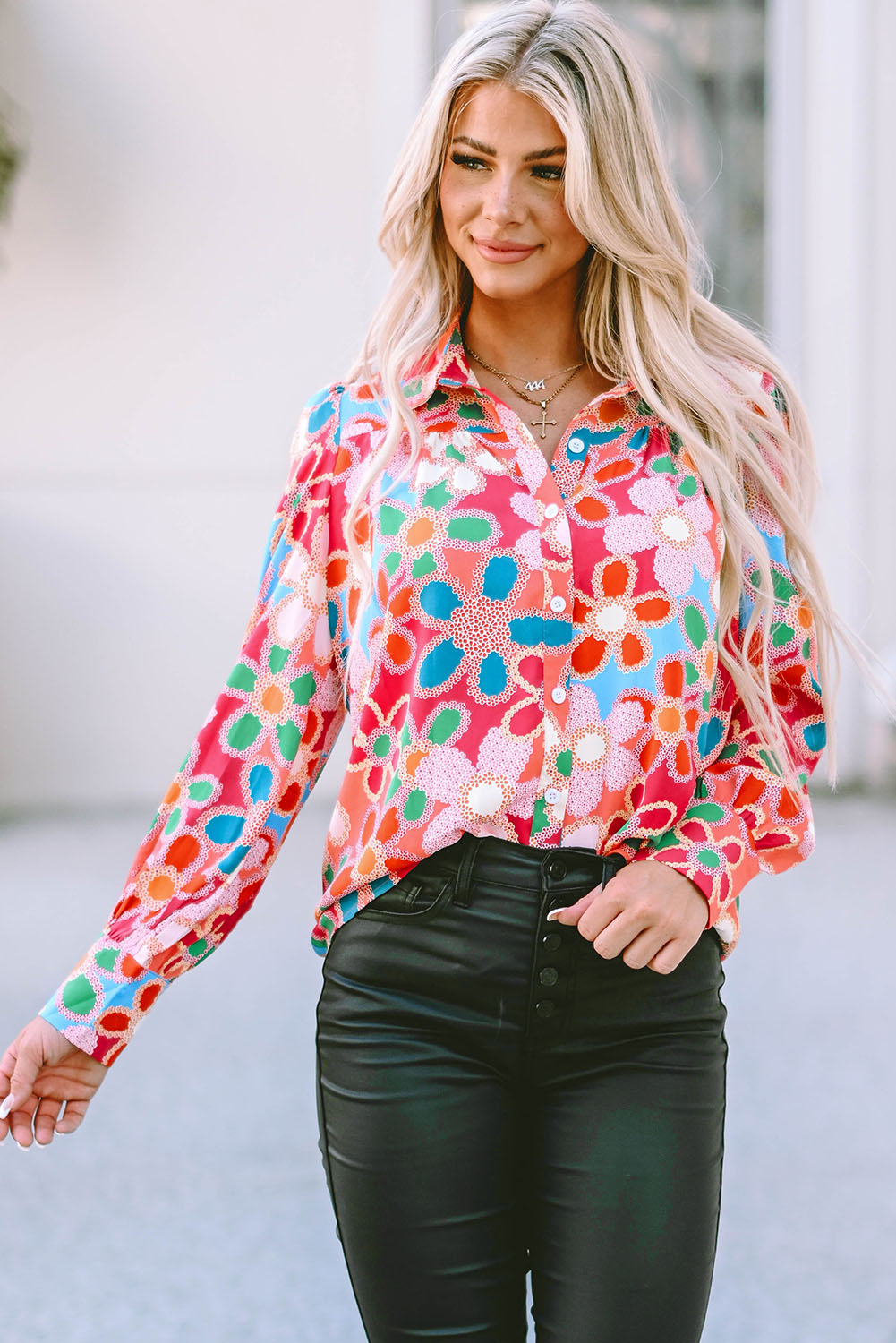Multicolor Floral Print Bubble Sleeve Shirt - loveforevers