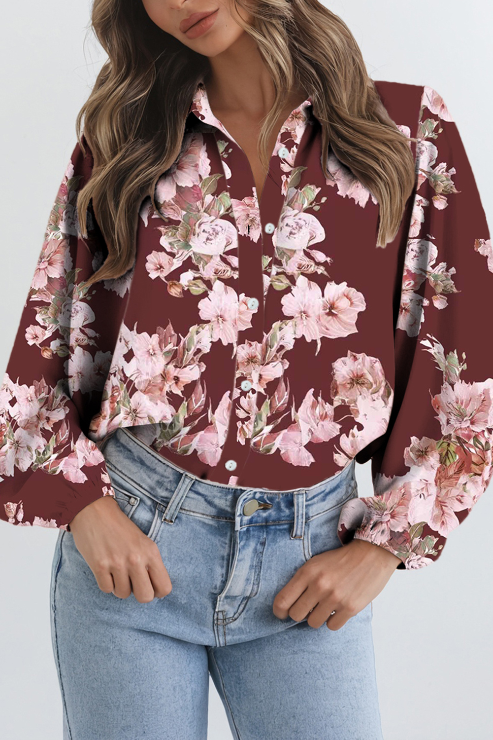 Brown Floral Puff Sleeve Lightweight Shirt - loveforevers