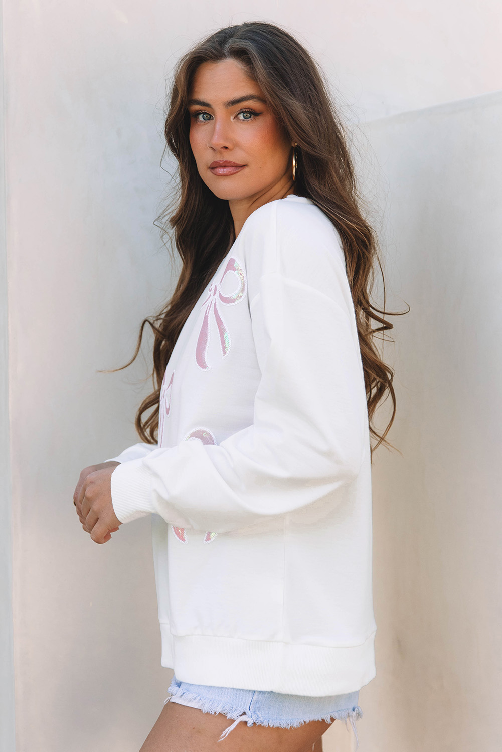 Beige Bow Valentine Drop Shoulder Loose Sweatshirt - loveforevers