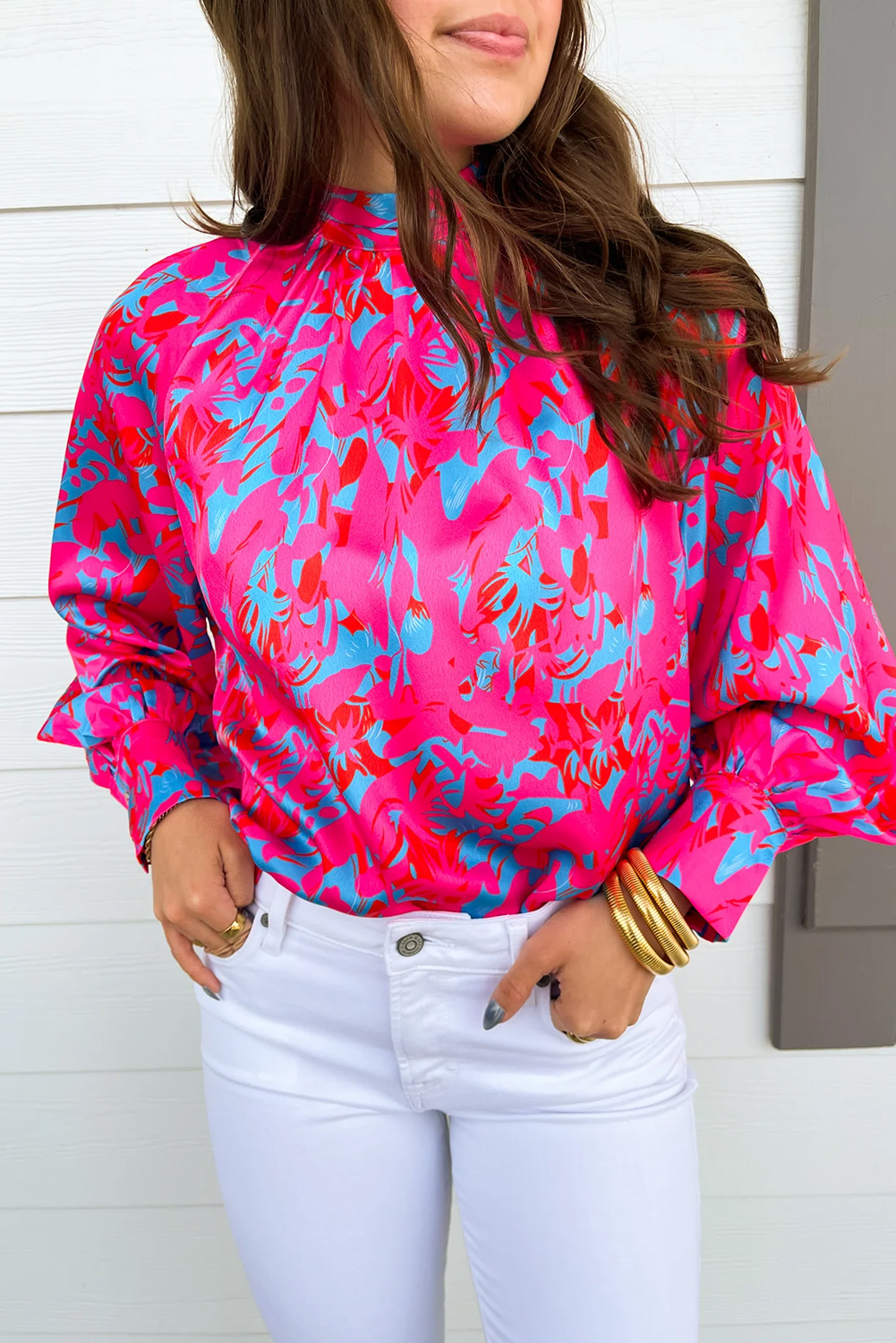 Purple Printed Bubble Sleeve Mock Neck Blouse - loveforevers