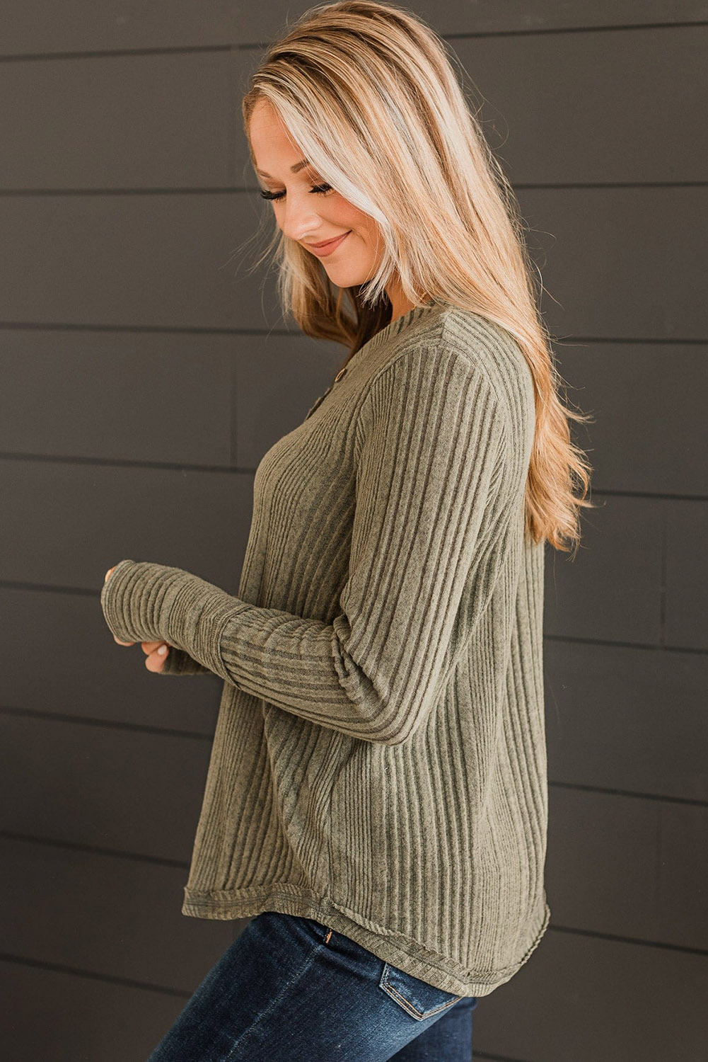 Jungle Green V Neck Buttoned Ribbed Knit Top - loveforevers