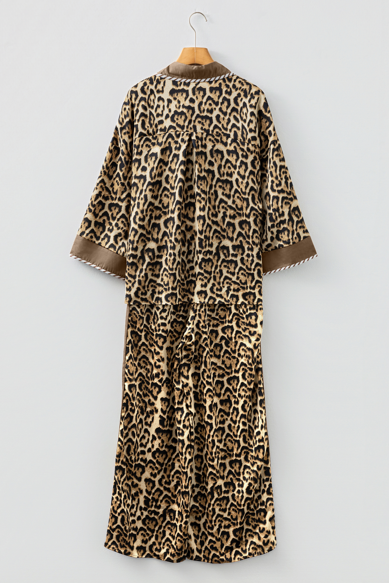 Brown Leopard Collared 3/4 Sleeve Shirt and Loose Pants Two Piece Outfit Set - loveforevers