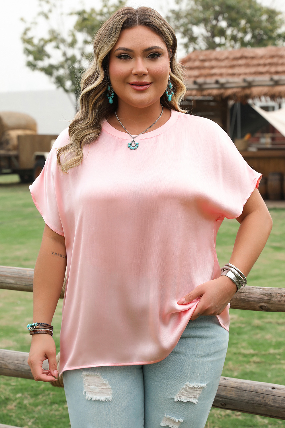 Pink Metallic Gloss Short Batwing Sleeve Plus Size Top - loveforevers
