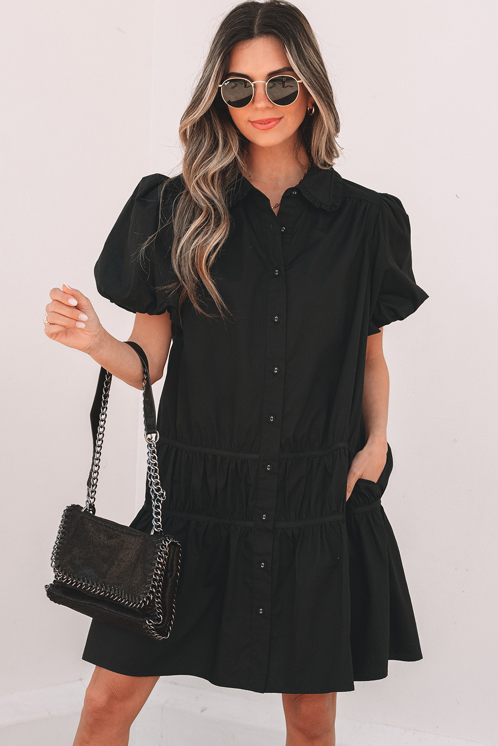 Black Shirt Style Button Down Puff Sleeve Ruffle Hem Dress - loveforevers