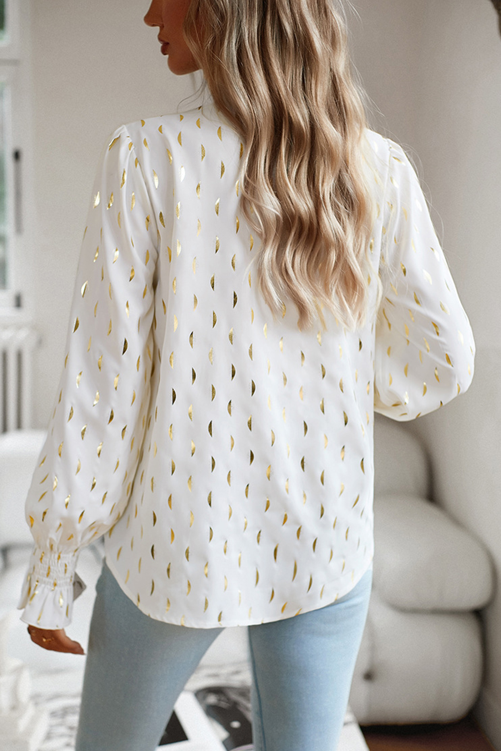 Beige Foil Crescent Print Notched Neck Flounce Sleeve Blouse - loveforevers